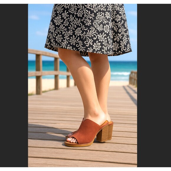 Kork-Ease Leather Open Toe Sandals 8M Harlin Red Brown Slip-On Block Heel Mules - Picture 1 of 13
